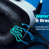 Black waterproof leather and breathable foam gaming headset with a cord and a model airplane in the background