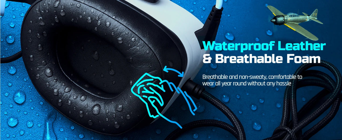 Black waterproof leather and breathable foam gaming headset with a cord and a model airplane in the background