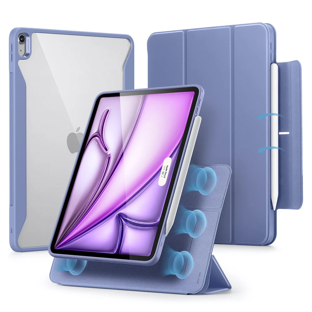 A purple magnetic folio case for an iPad Air tablet is shown alongside its protective cover.