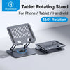 A gray tablet rotating stand designed for phone or handheld devices, demonstrating 360 degree rotation.