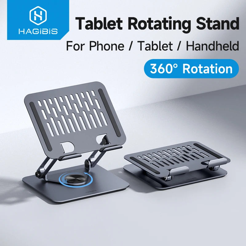 A gray tablet rotating stand designed for phone or handheld devices, demonstrating 360 degree rotation.