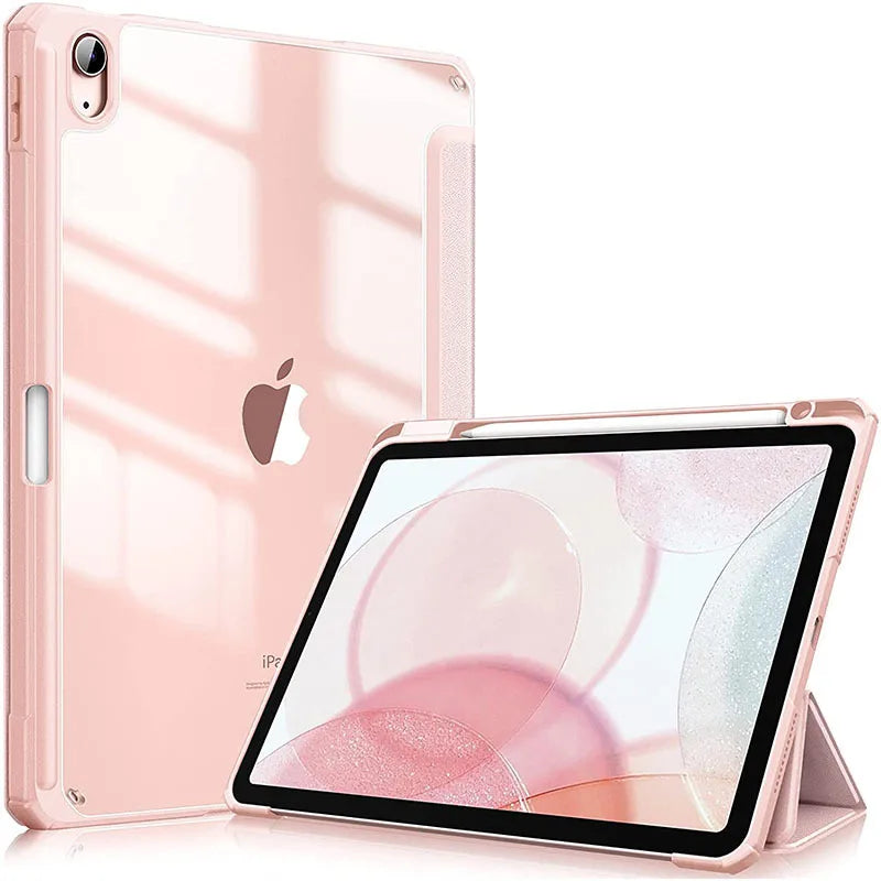 A pink Apple iPad is shown with a protective case, featuring light pink and iridescent accents.