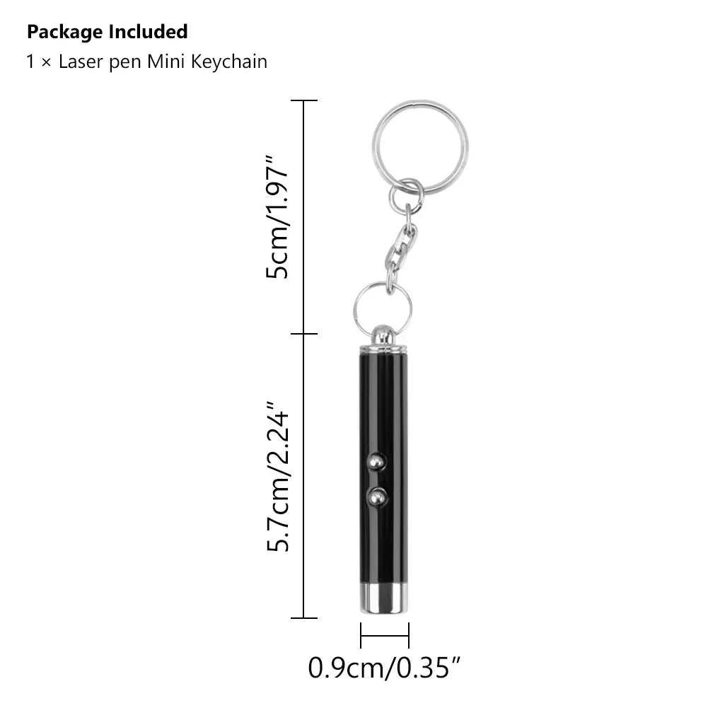 Pluma láser negra mini llavero con anillo de plata y cuerpo cilíndrico.