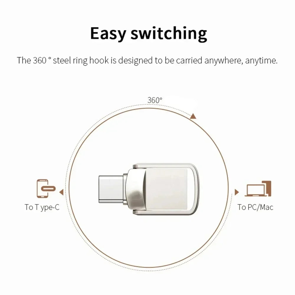 A silver USB 3.2 Type-C flash drive connector designed for easy switching to a PC or Mac.