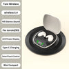 A pair of white wireless earbuds resting on a black charging case with a display.