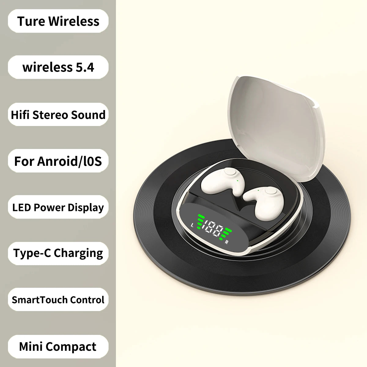 A pair of white wireless earbuds resting on a black charging case with a display.