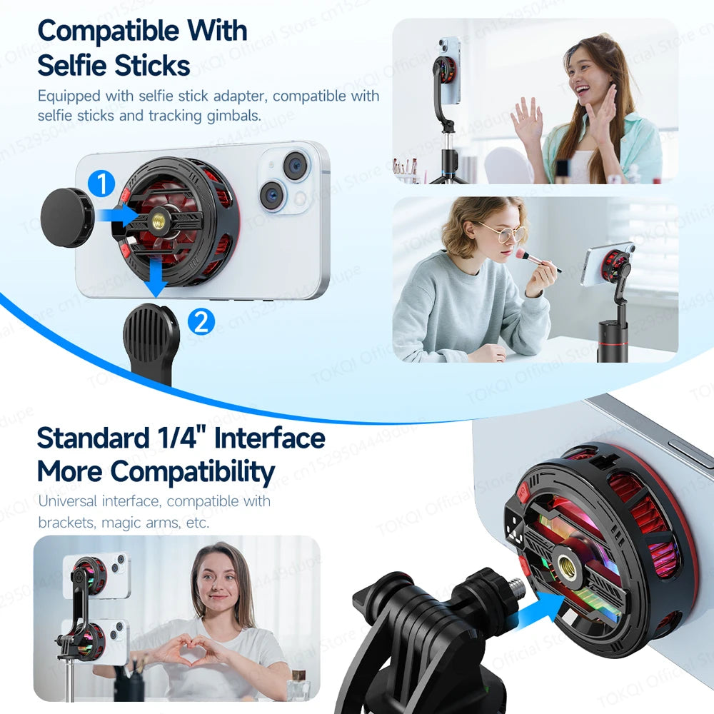 Magnetic semiconductor phone cooler with clip-on mount showing compatibility with selfie sticks and gimbal accessories