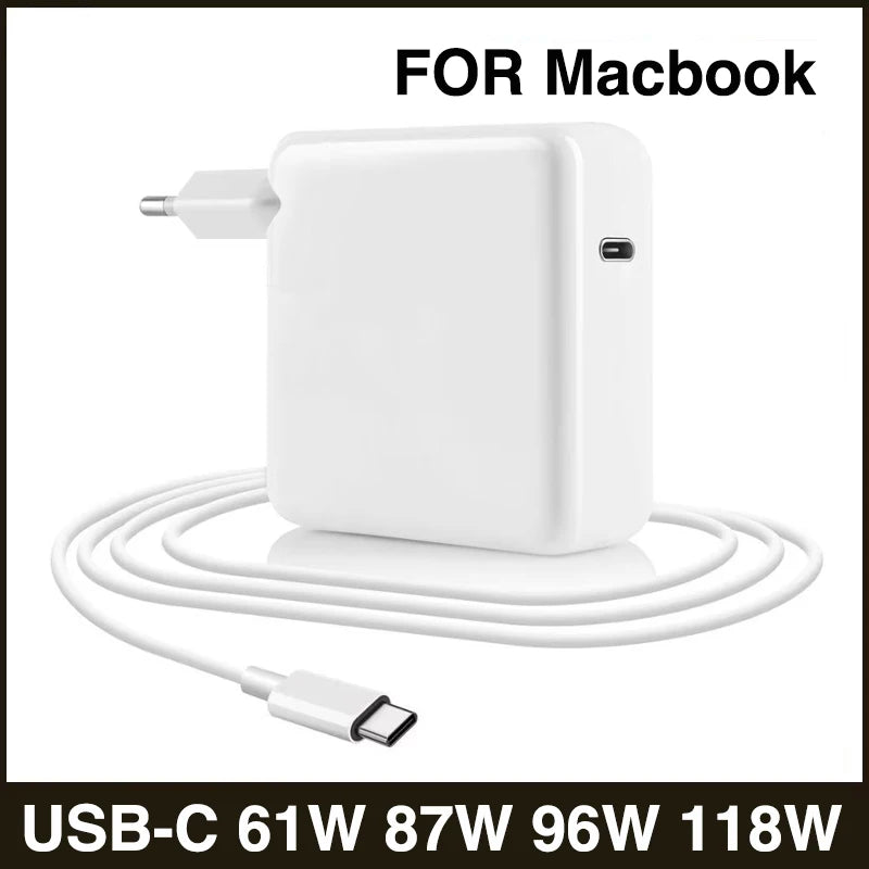 White USB-C power adapter with a cable for MacBook computers