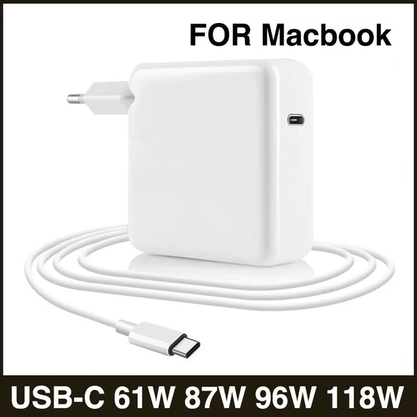 White USB-C power adapter with a cable for MacBook computers