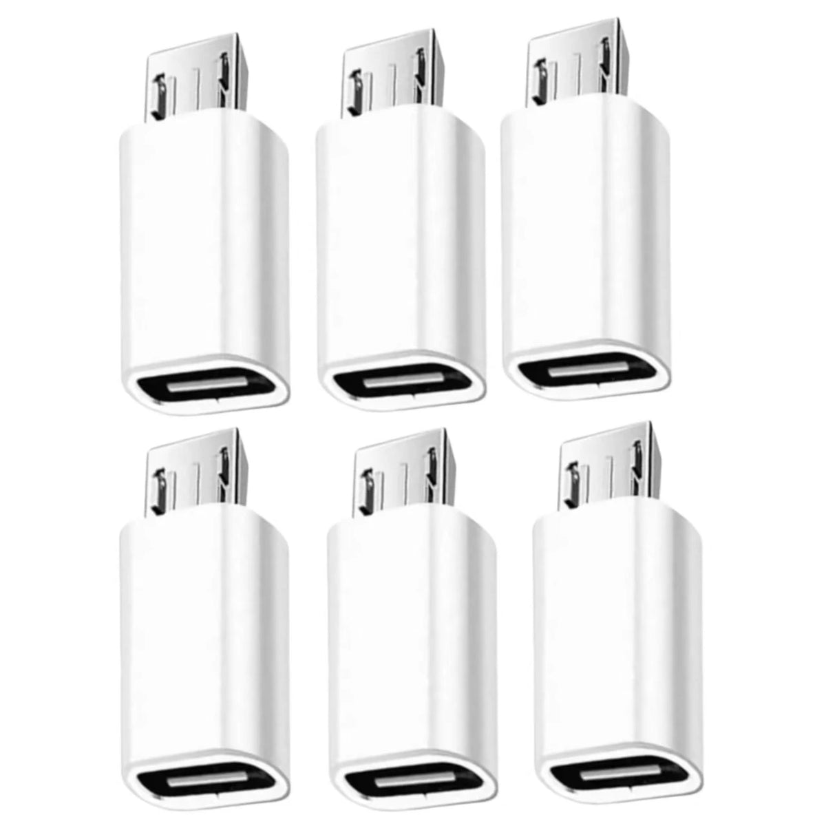 A set of white USB-C to Micro USB adapters for charging and data sync.