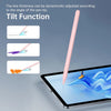 A pink stylus pen demonstrating the tilt function with various angles like 60, 30, and 15 degrees on an iPad screen.
