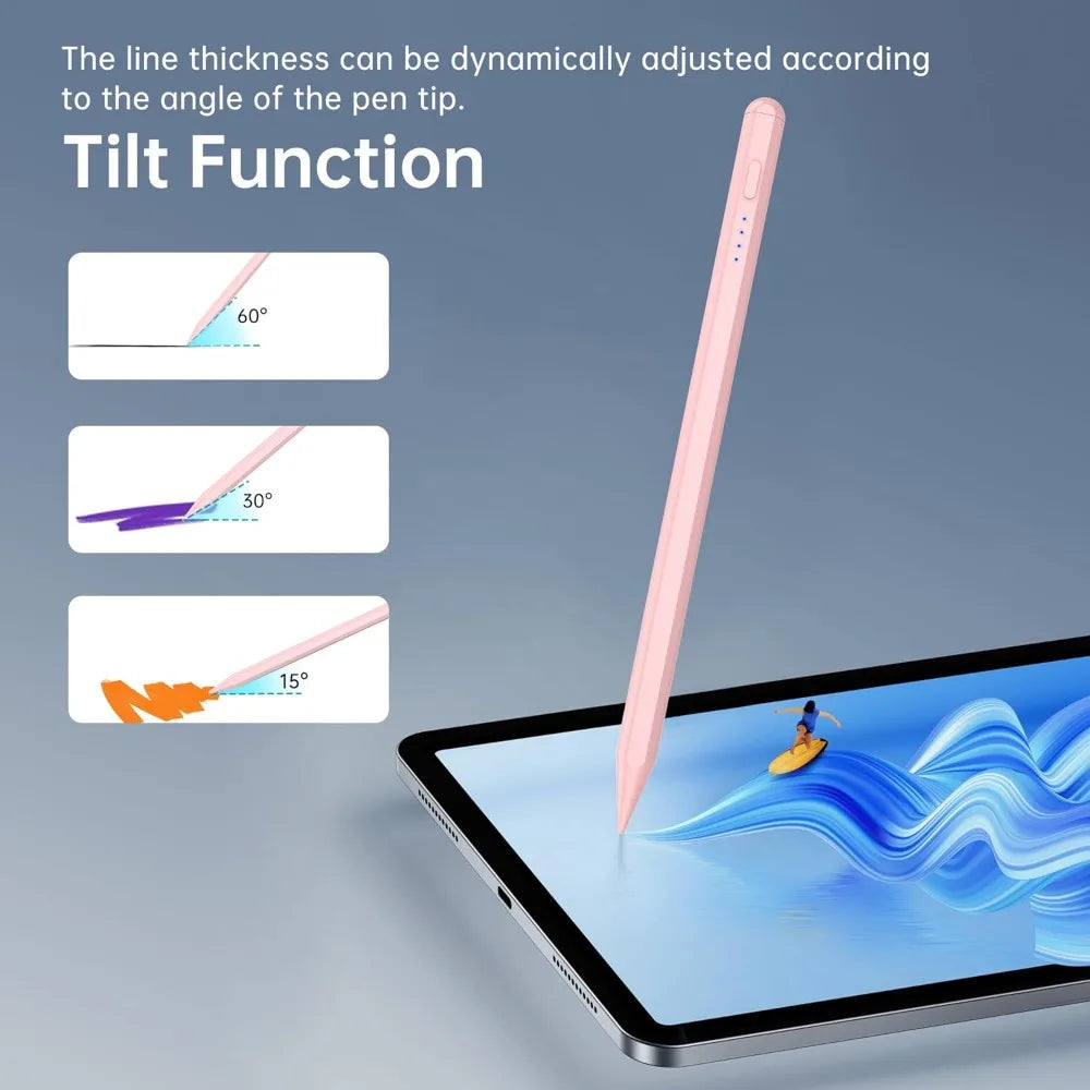 A pink stylus pen demonstrating the tilt function with various angles like 60, 30, and 15 degrees on an iPad screen.
