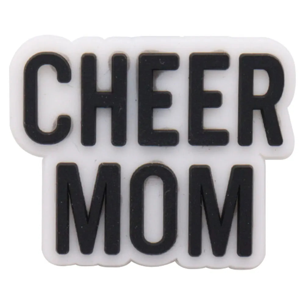 A white plastic charm with black text that reads CHEER MOM