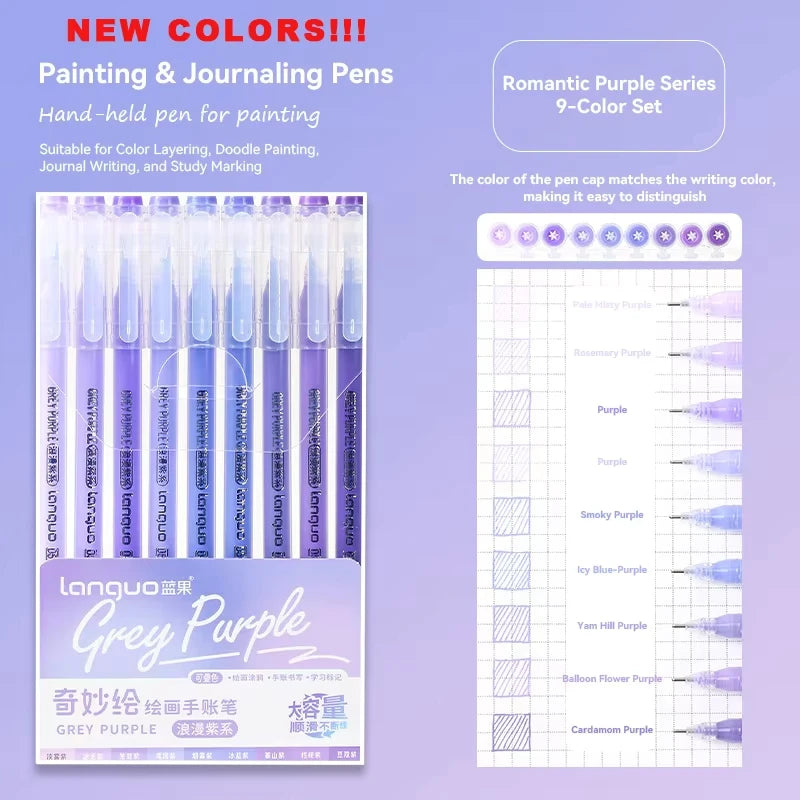A set of 9 hand-held purple pens from the Romantic Purple Series for painting and journaling.