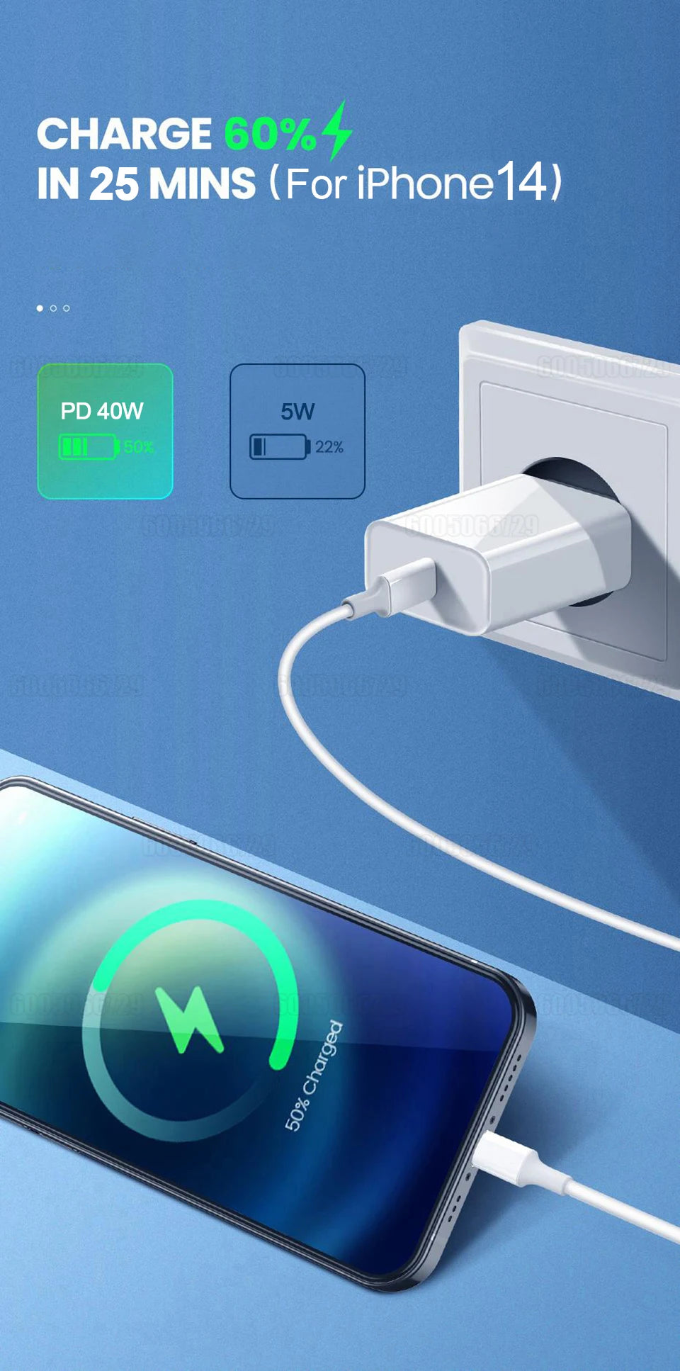 A close-up of a phone being charged quickly using a 40W PD fast charging cable and adapter.