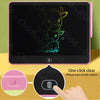 A pink interactive LCD writing tablet showing a drawing of a calf, with a finger pressing the power switch.