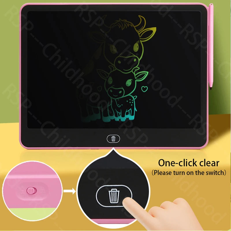 A pink interactive LCD writing tablet showing a drawing of a calf, with a finger pressing the power switch.
