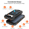 A portable solar power bank charger showing its features including LED flashlight, wireless output, USB outputs, and silicone