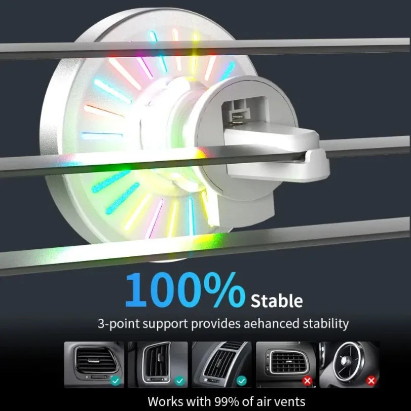 Magnetic wireless car charger with RGB ambient light showing 3-point support and compatibility with air vents