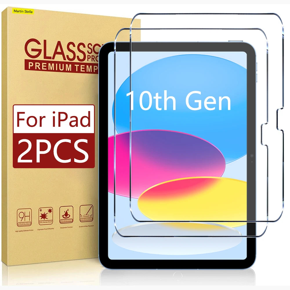Una caja de protectores de pantalla de vidrio para un iPad de 10va generación junto a una película protectora transparente ap