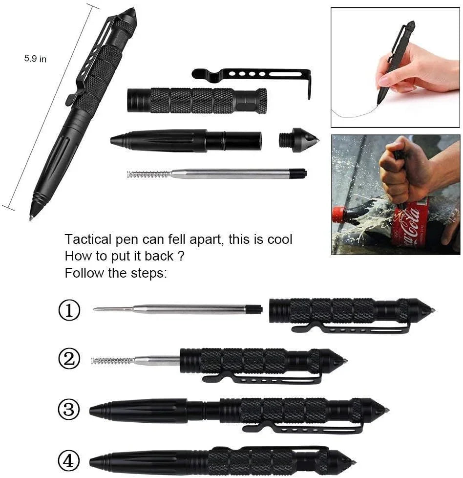 A tactical pen is shown disassembled, demonstrating how to put it back together.