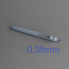 A close-up view of a light gray precision gel pen with a 0.38mm tip.