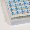A close-up view of small blue hot-swappable mechanical keyboard switches arranged in a white tray.