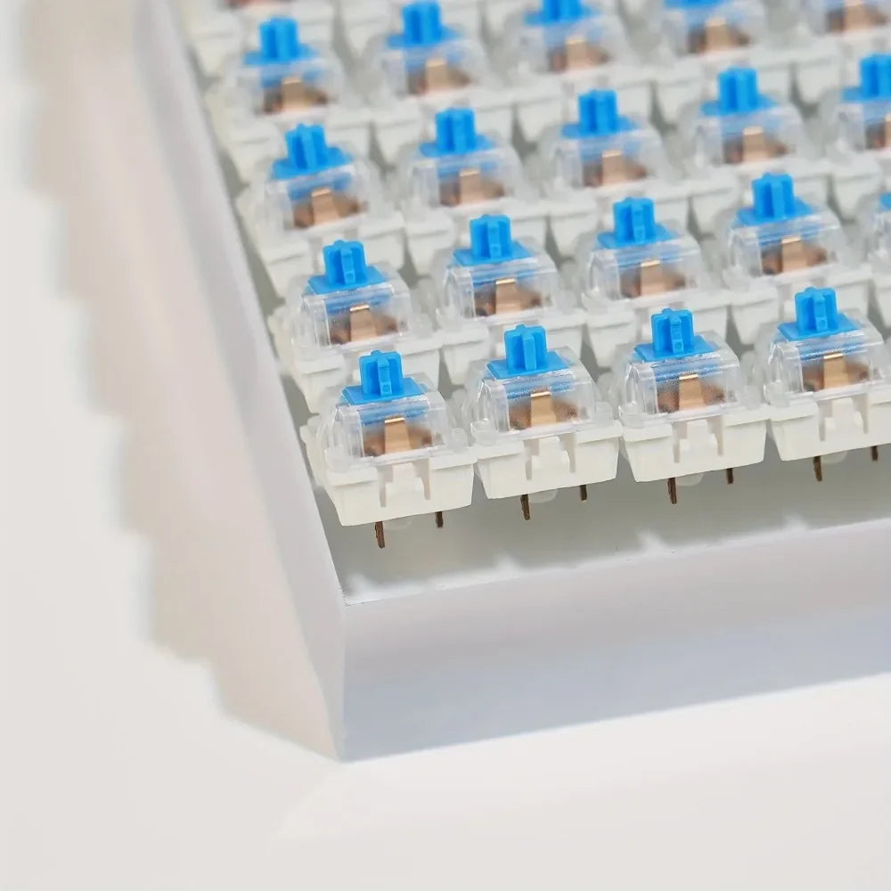 A close-up view of small blue hot-swappable mechanical keyboard switches arranged in a white tray.
