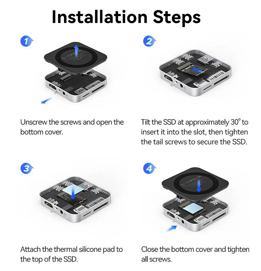 Installation steps showing how to install an NVMe SSD into a USB hub dock using screws and thermal silicone pads.