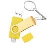 A gold-colored flash drive with a metal keyring and a yellow plastic sleeve.