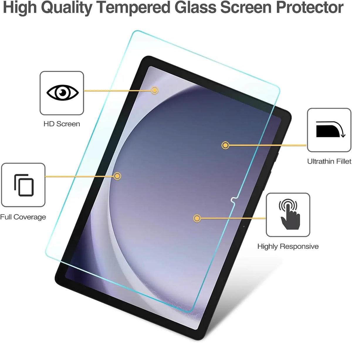 A high quality tempered glass screen protector applied to a tablet screen, demonstrating full coverage and high responsivenes