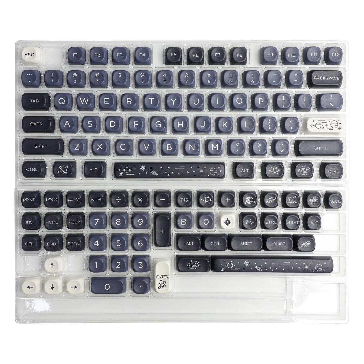 A clear acrylic mechanical keyboard featuring blue and gray PBT keycaps with a sea theme.