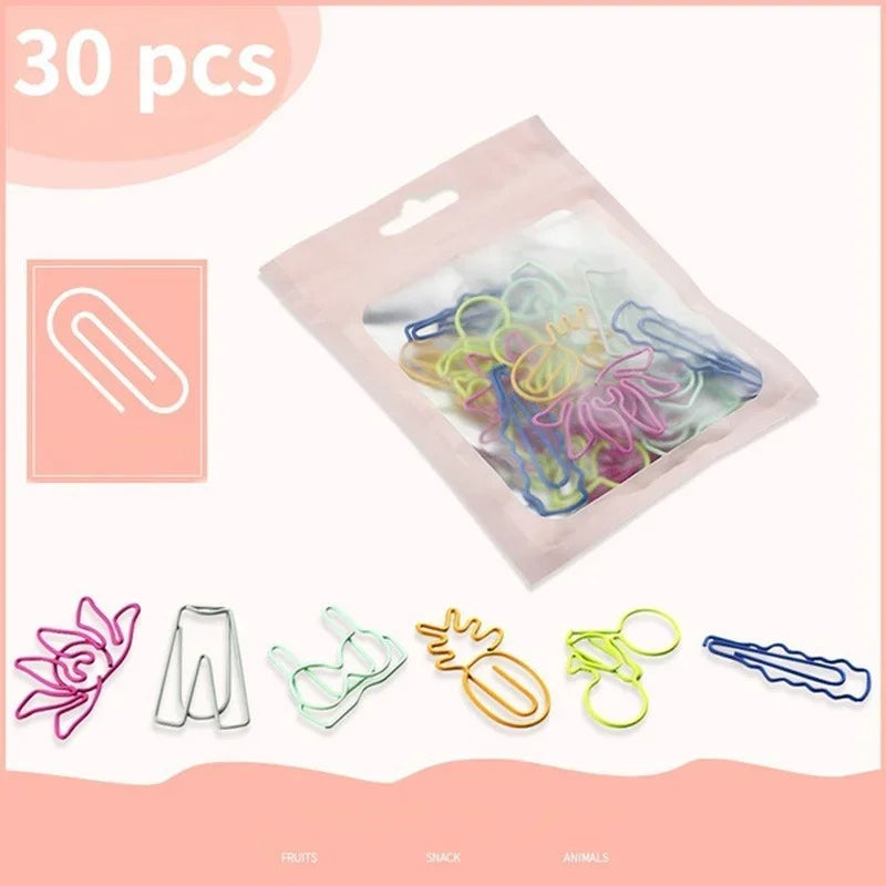 A set of 30 colorful decorative bookmarks and paper clips packaged in a clear plastic pouch.