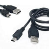 A black mini USB data and charging cable with a square connector end is shown on a white background.