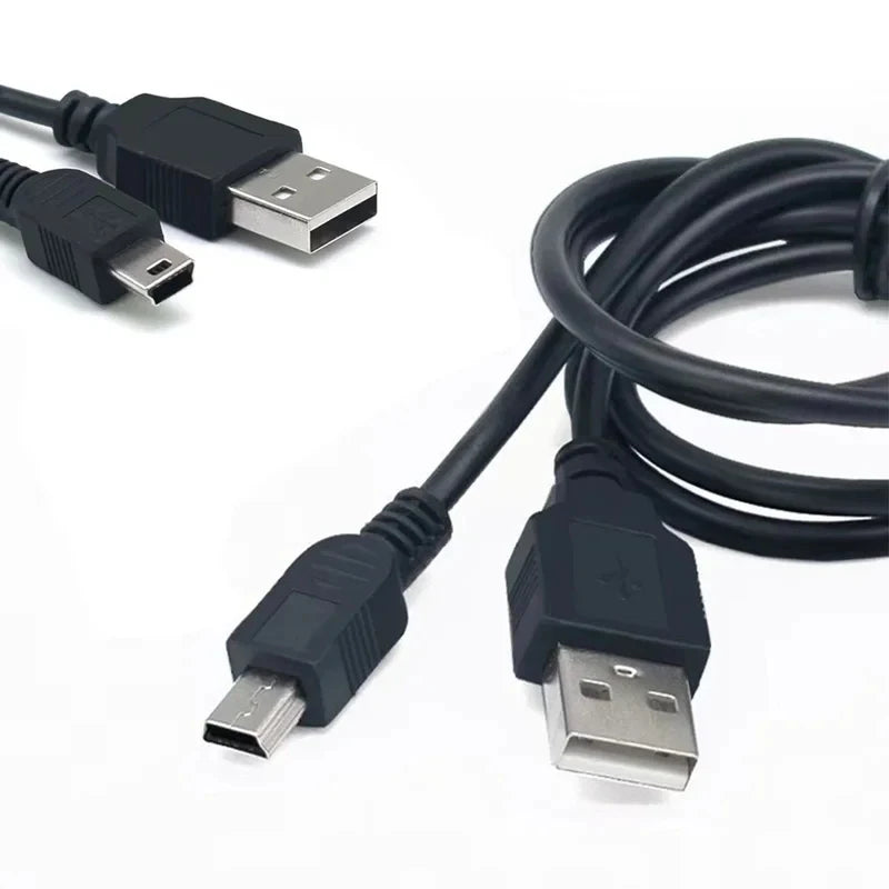 A black mini USB data and charging cable with a square connector end is shown on a white background.