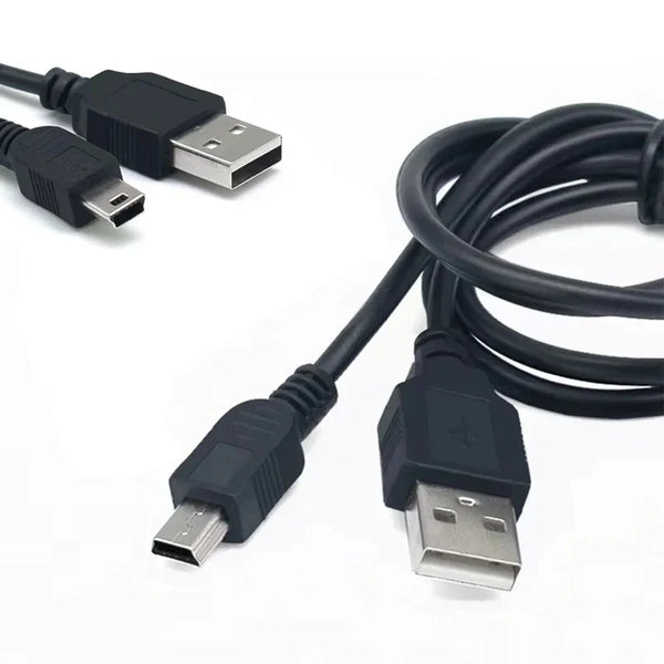 A black mini USB data and charging cable with a square connector end is shown on a white background.
