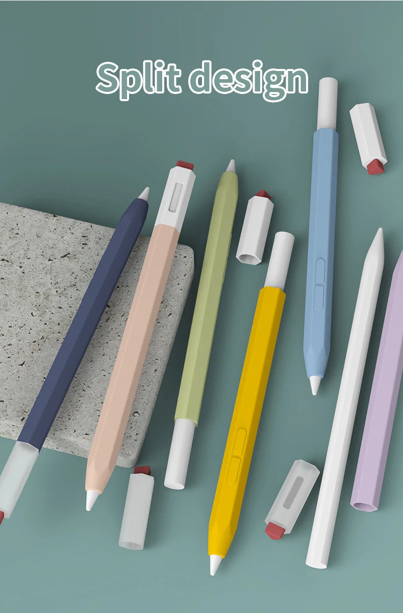 Collection de stylos de différentes couleurs et d'un stylet blanc avec coques en silicone sur un fond vert doux.
