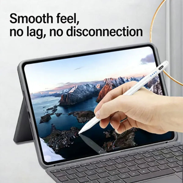 A hand uses a stylus on an iPad Pro displaying a scenic view, emphasizing smooth performance.