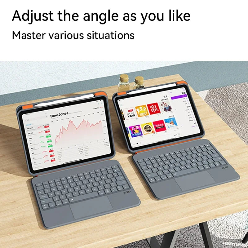 A silver 360° rotating keyboard case for an iPad is shown open on a wooden table.