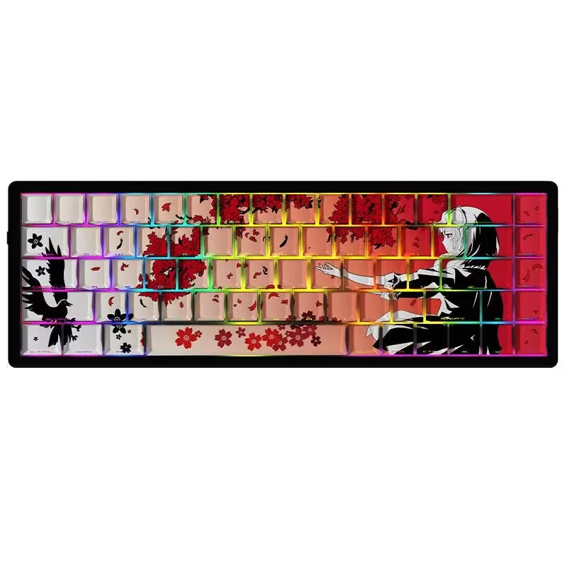 A close-up view of a set of anime themed PBT keycaps for a mechanical keyboard, featuring various colors and designs.