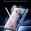 A magnetic screen protector film is shown attached to an iPad screen, featuring a woman's portrait.