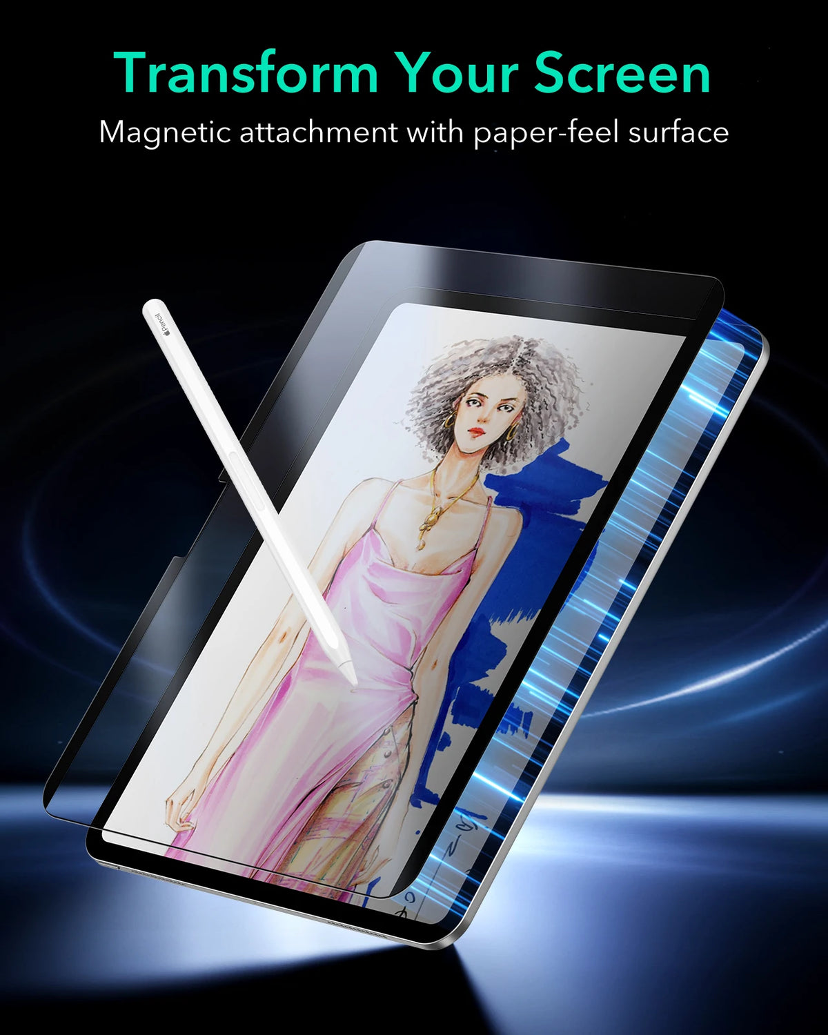 A magnetic screen protector film is shown attached to an iPad screen, featuring a woman's portrait.