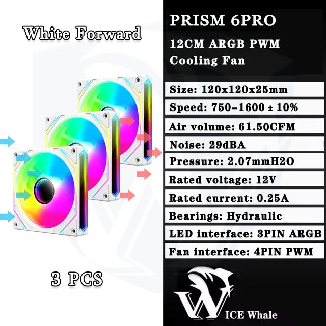 مروحة تبريد ARGB PWM باللون الأبيض، طراز Forward Prism 6PRO، بحجم 120 ملم، معروضة في ثلاث قطع