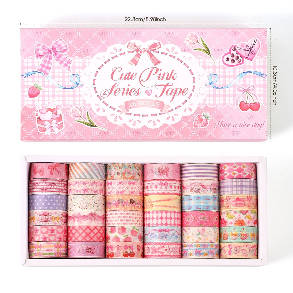 A box of 36 rolls of cute pink series washi tape featuring butterfly and gingham patterns.