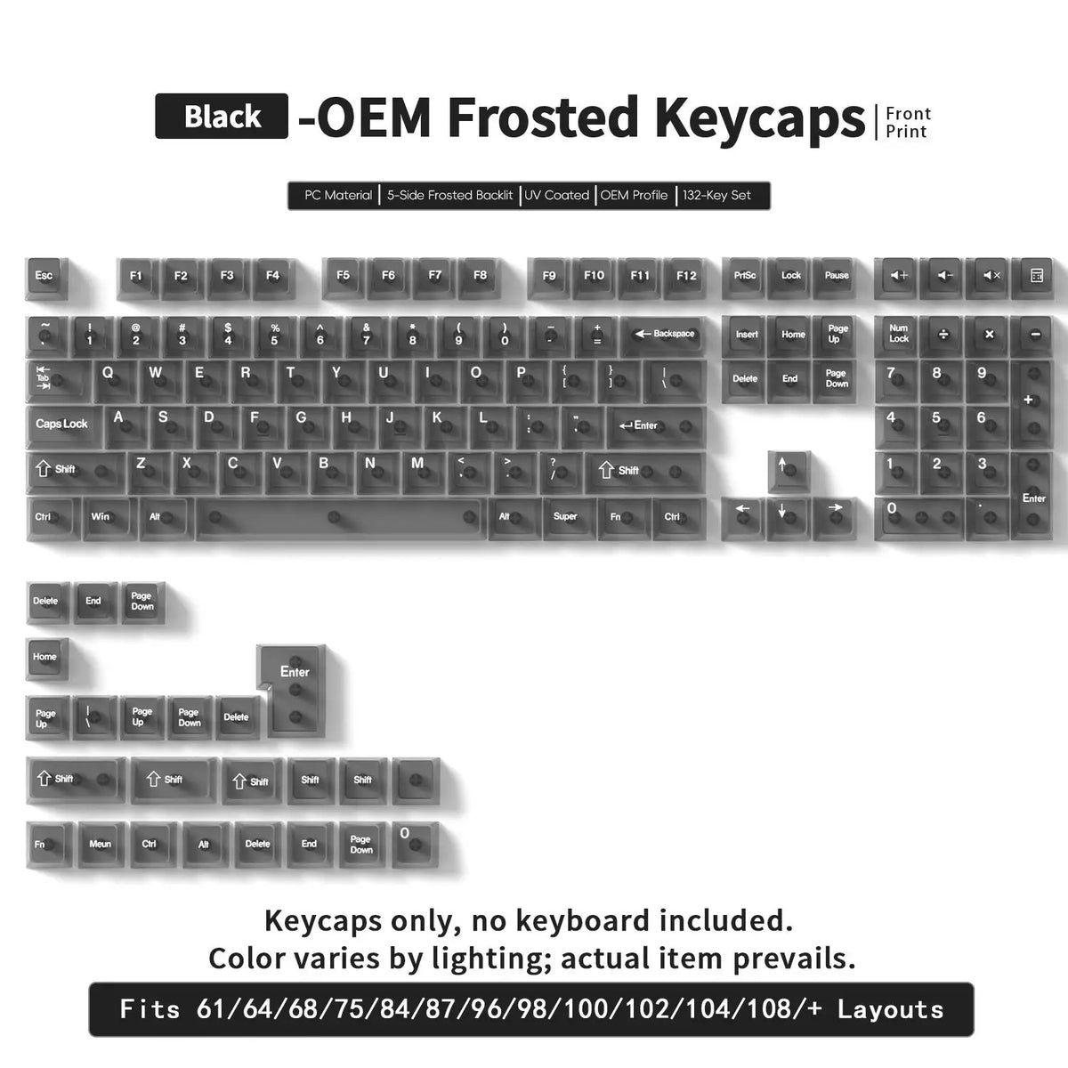 Black OEM frosted keycaps for mechanical keyboards, including various function and modifier keys.