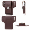 A brown leather waist bag designed to hold a phone and keys, shown in multiple views.