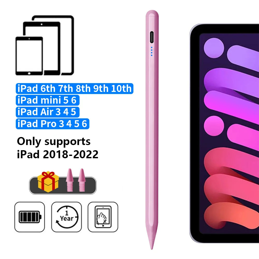 A pink precision stylus pen with an LED indicator shown next to various iPad models.