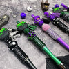 A collection of Halloween DIY bead pens featuring various witch charms and vibrant purple, green, and black accents.