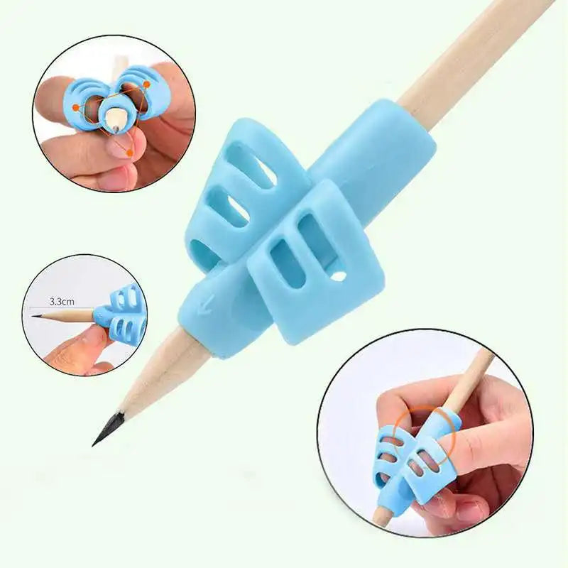 Ergonomic silicone pencil grips in light blue and orange for children's handwriting aid