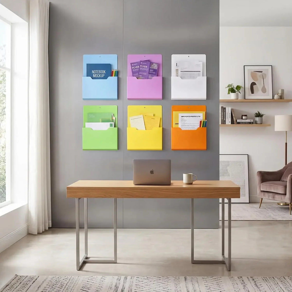 A wooden desk with a wall mount magnetic document file holder displaying colorful folders on a gray wall.